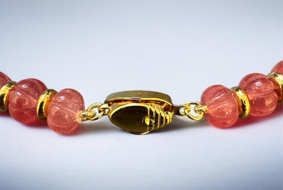Raspberry Pink Gemstone Bead Necklace with Gold Accents