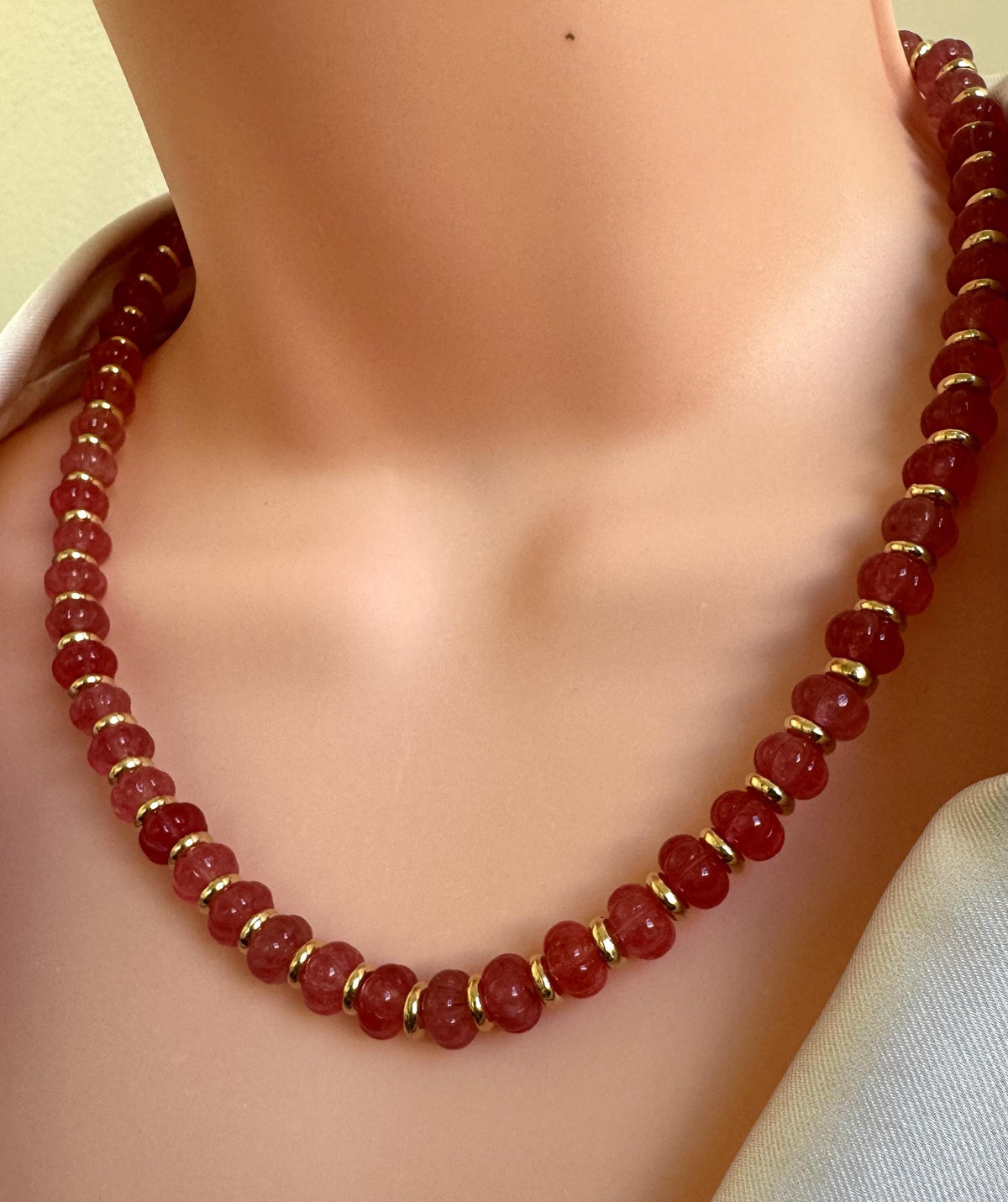 Raspberry Pink Gemstone Bead Necklace with Gold Accents