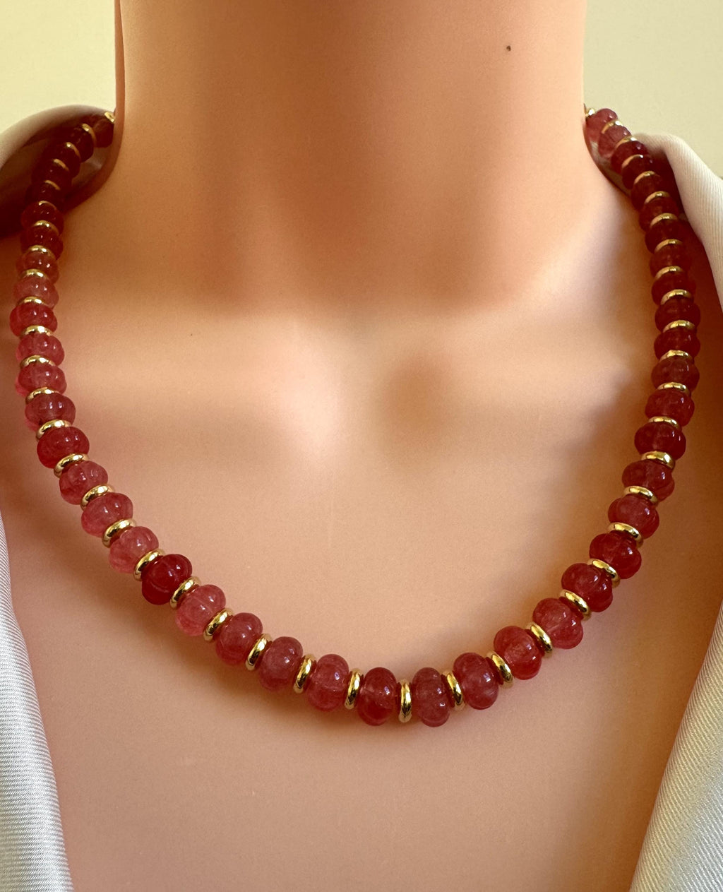 Raspberry Pink Gemstone Bead Necklace with Gold Accents