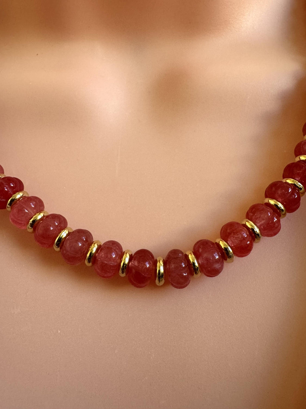 Raspberry Pink Gemstone Bead Necklace with Gold Accents