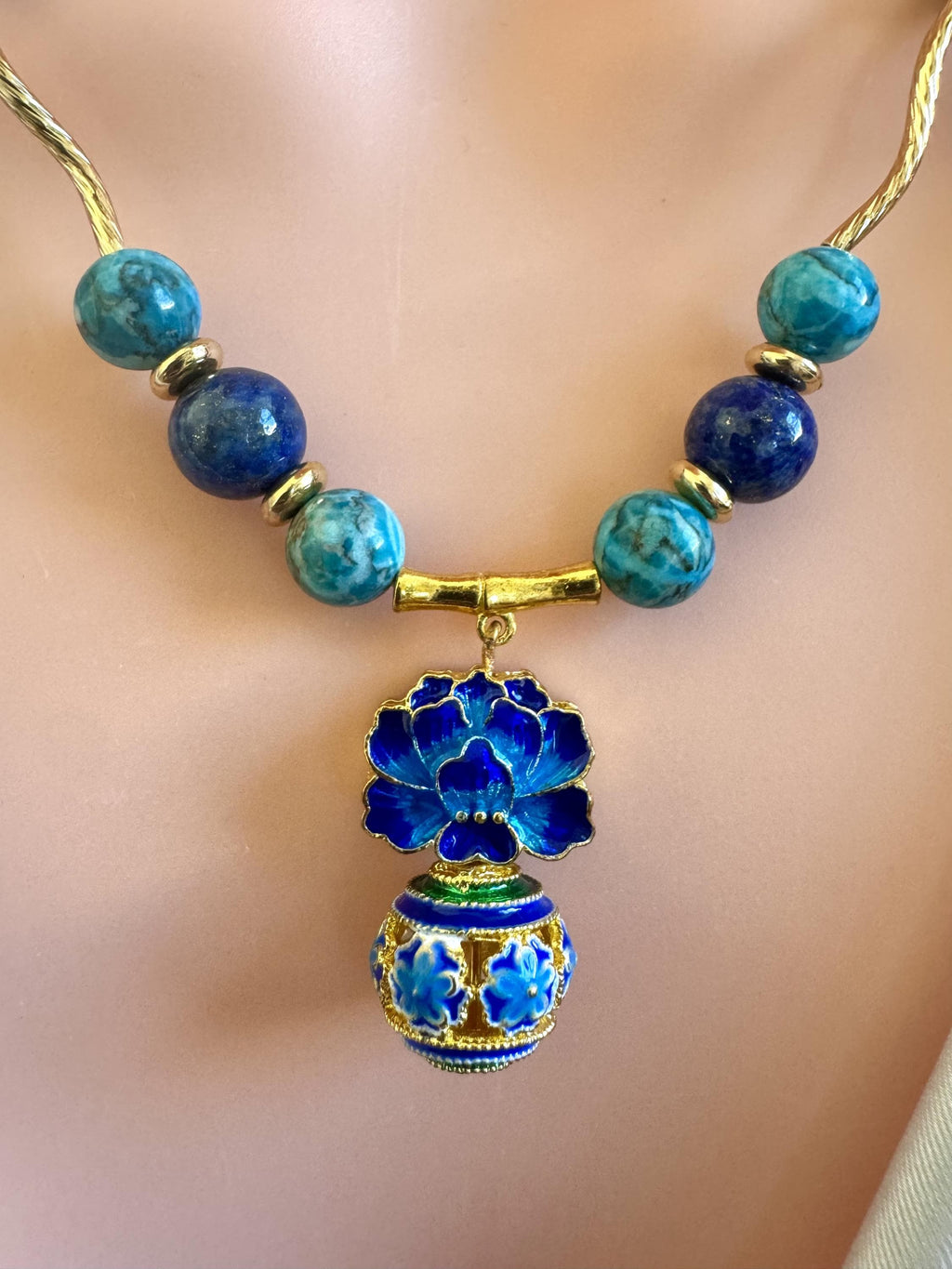 Turquoise & Lapis Lazuli Necklace with Floral Pendant
