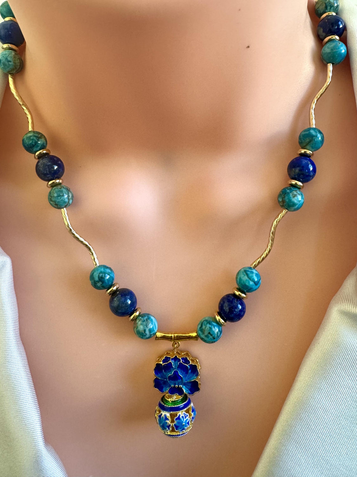 Turquoise & Lapis Lazuli Necklace with Floral Pendant