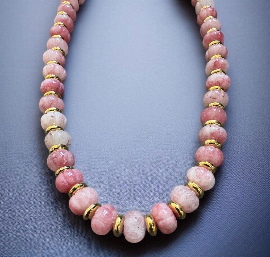 Melon Pink Gemstone Necklace with Gold Accents