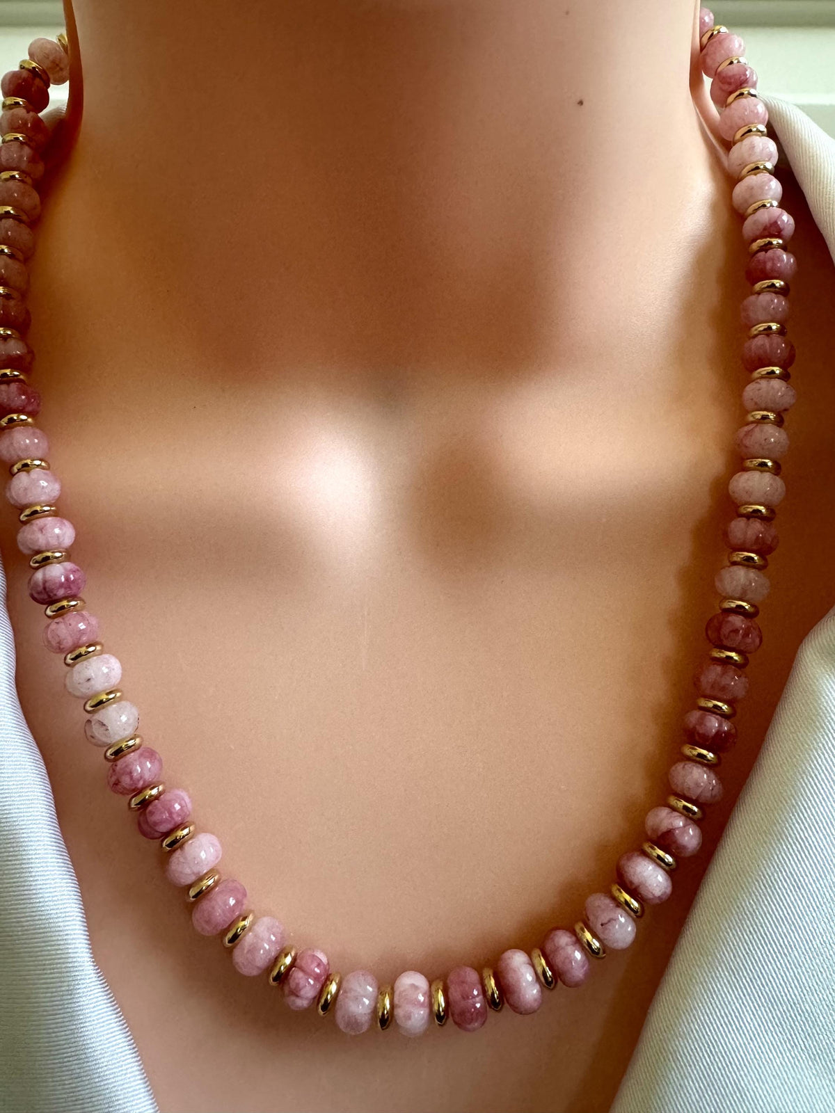 Melon Pink Gemstone Necklace with Gold Accents