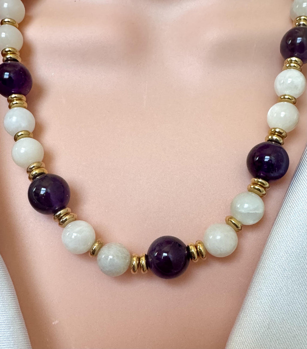 Amethyst & Moonstone Necklace with Gold Accents