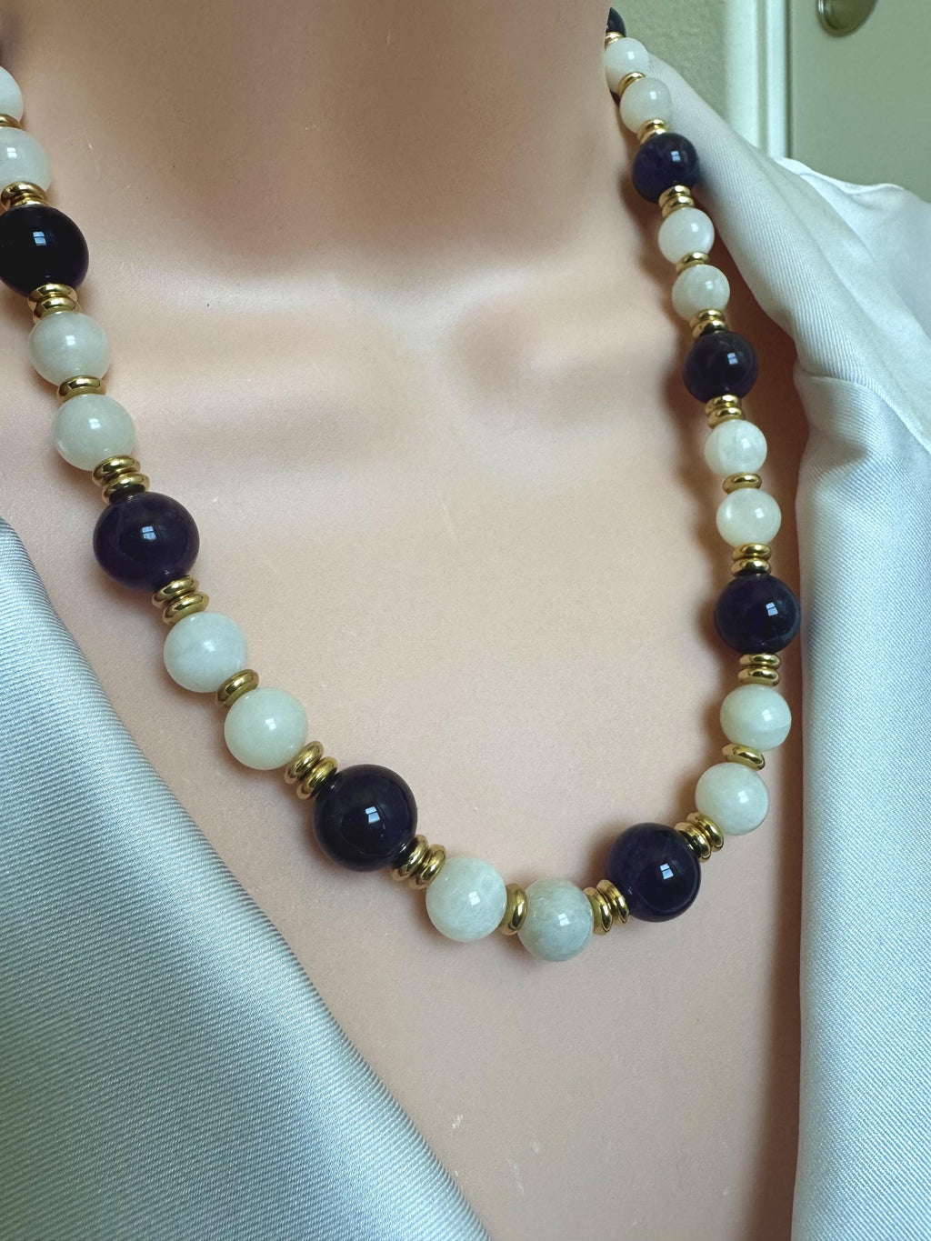 Amethyst & Moonstone Necklace with Gold Accents
